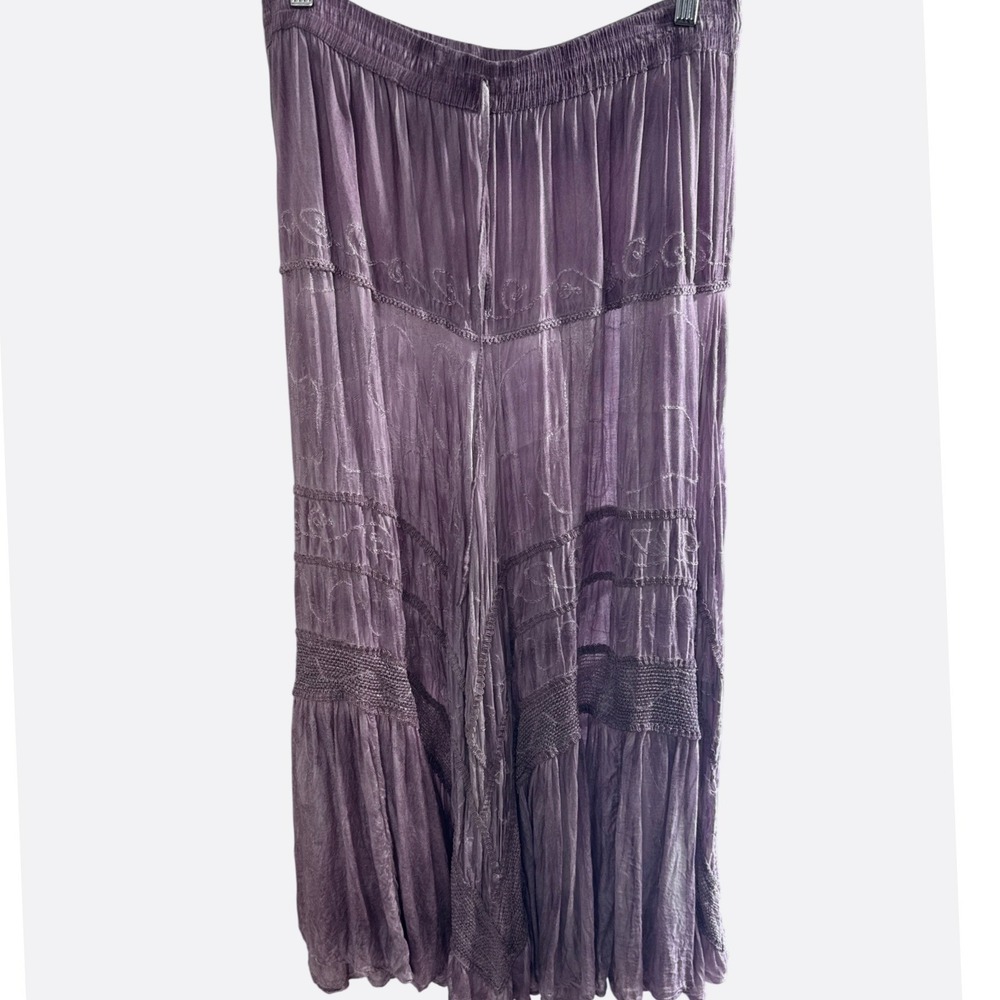 Just Cruising Purple Broomstick Maxi Skirt Boho Crochet Lace Embroidered Rayon